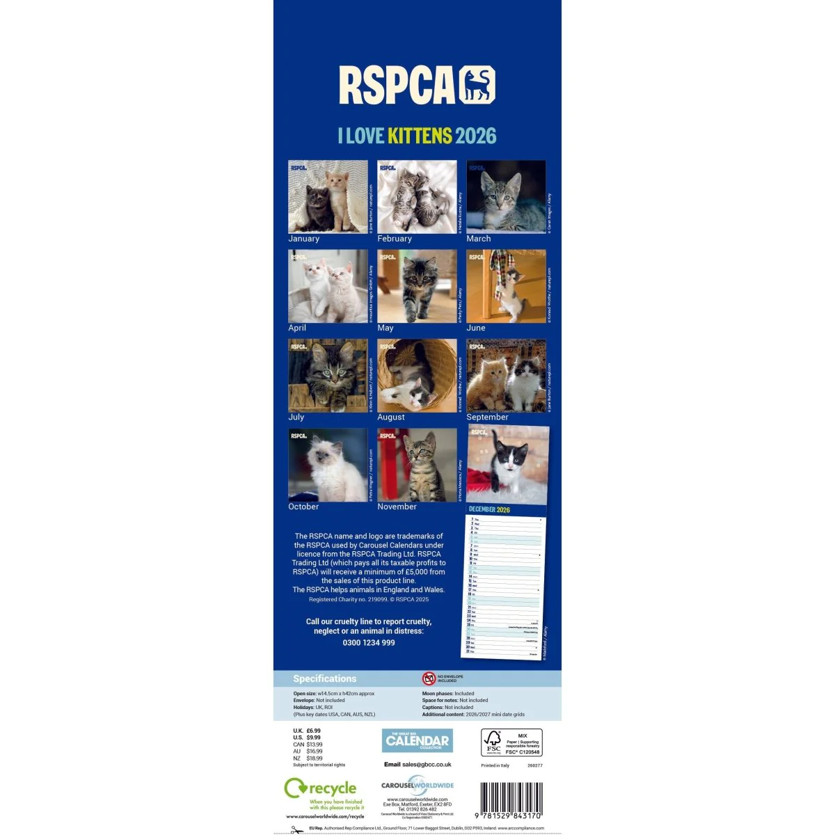 RSPCA I Love Kittens Slim 12 month Wall Calendar 2026 - Image 5